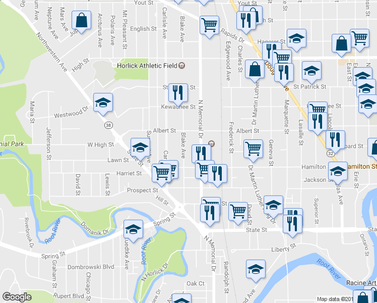 map of restaurants, bars, coffee shops, grocery stores, and more near 1233 Blake Avenue in Racine