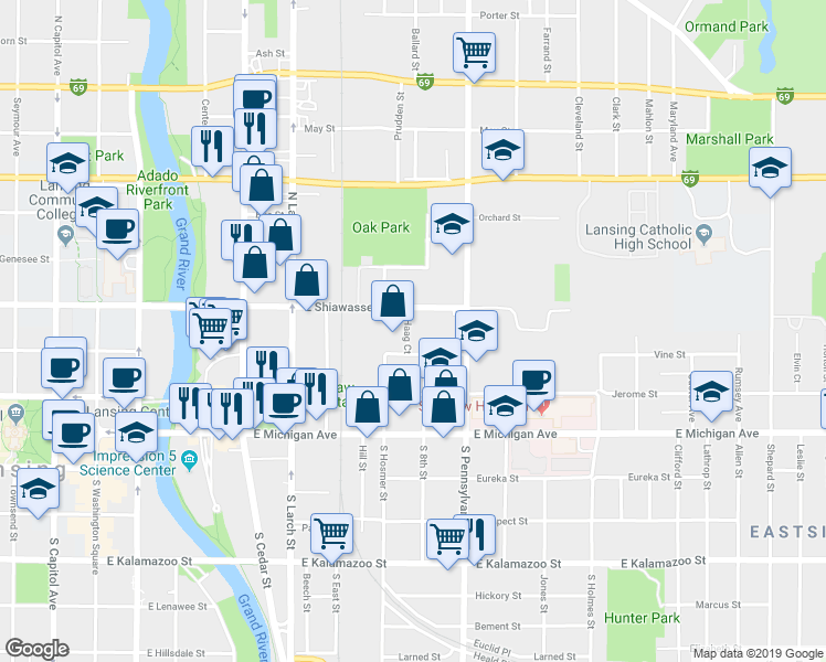 map of restaurants, bars, coffee shops, grocery stores, and more near 320 Haag Court in Lansing