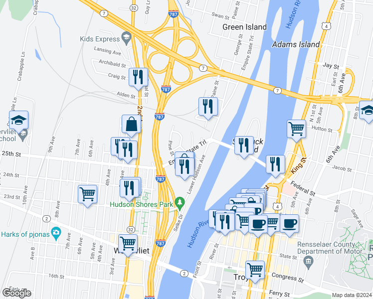 map of restaurants, bars, coffee shops, grocery stores, and more near 34 Albany Avenue in Green Island
