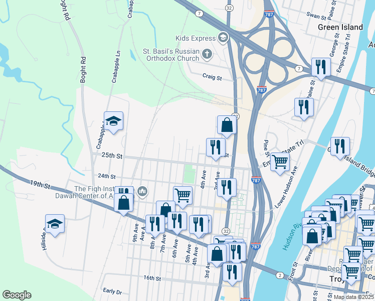 map of restaurants, bars, coffee shops, grocery stores, and more near 2524 Callahan Avenue in Watervliet