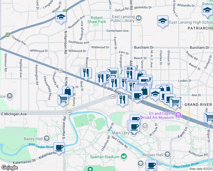 map of restaurants, bars, coffee shops, grocery stores, and more near 270 West Grand River Road in East Lansing