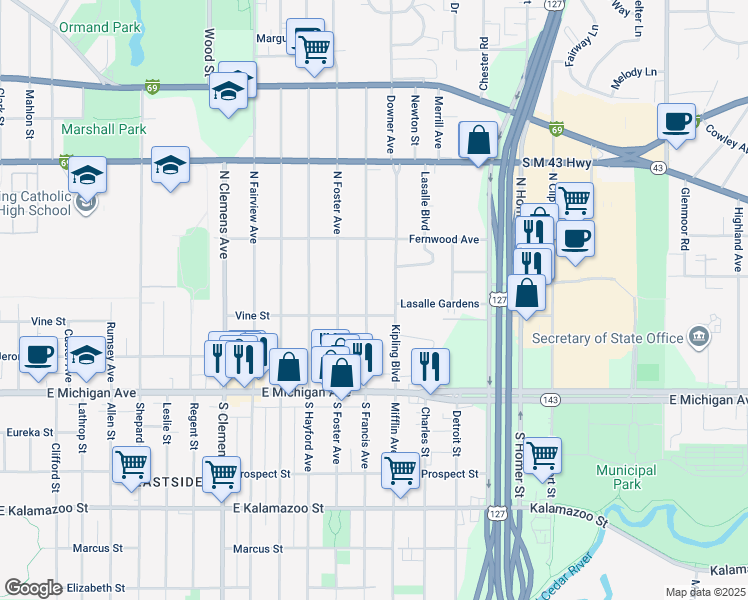 map of restaurants, bars, coffee shops, grocery stores, and more near 312 North Francis Avenue in Lansing