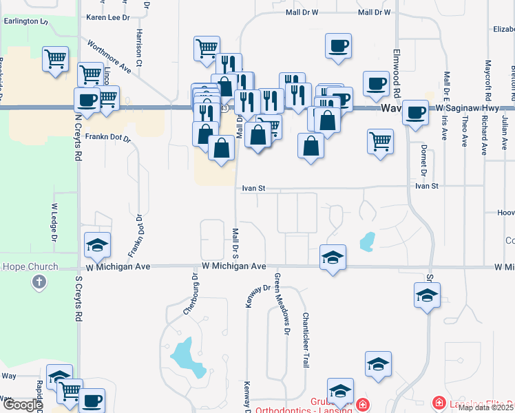 map of restaurants, bars, coffee shops, grocery stores, and more near 325 Parkwest Ct in Lansing