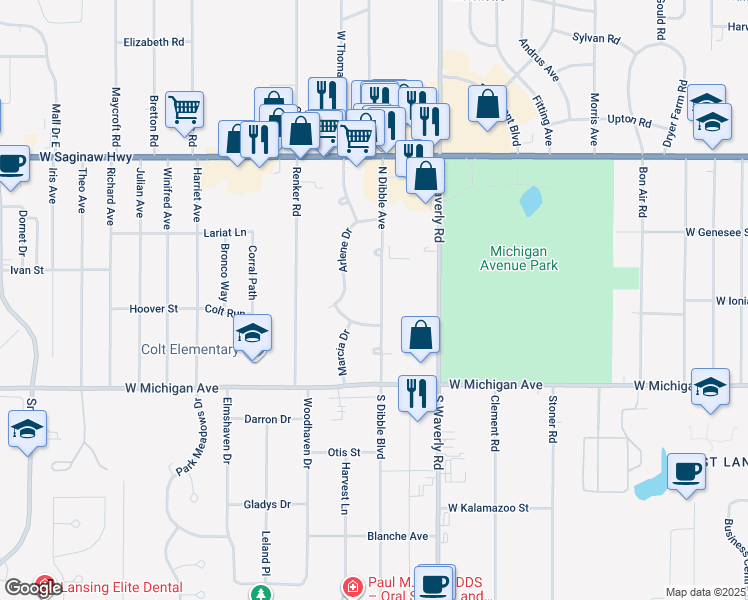 map of restaurants, bars, coffee shops, grocery stores, and more near 321 North Dibble Avenue in Lansing