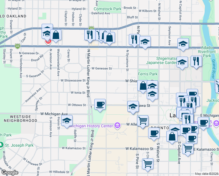 map of restaurants, bars, coffee shops, grocery stores, and more near 312 North Butler Boulevard in Lansing