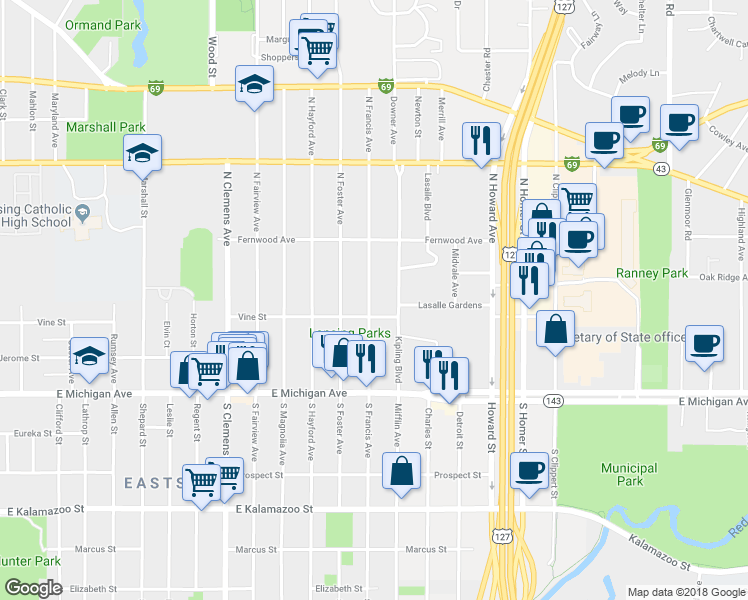 map of restaurants, bars, coffee shops, grocery stores, and more near 312 North Francis Avenue in Lansing
