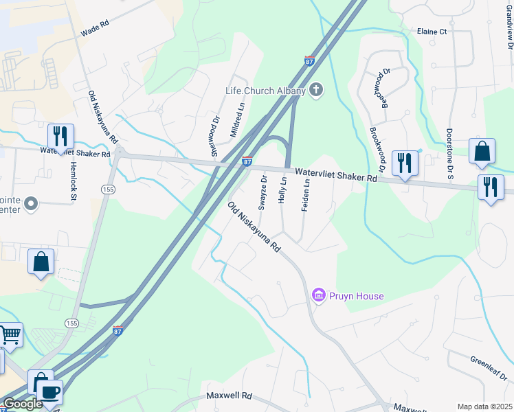 map of restaurants, bars, coffee shops, grocery stores, and more near 18 Swayze Drive in Latham