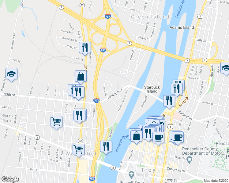 map of restaurants, bars, coffee shops, grocery stores, and more near 34 Albany Avenue in Green Island
