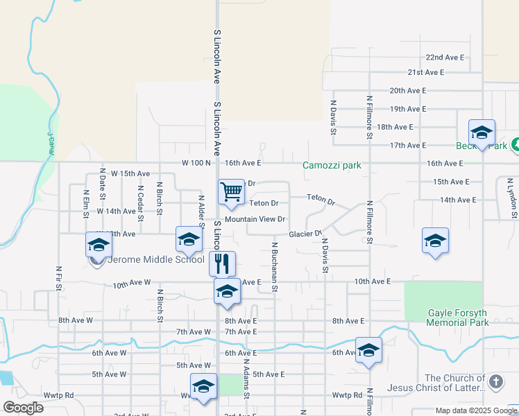map of restaurants, bars, coffee shops, grocery stores, and more near 215 Teton Drive in Jerome