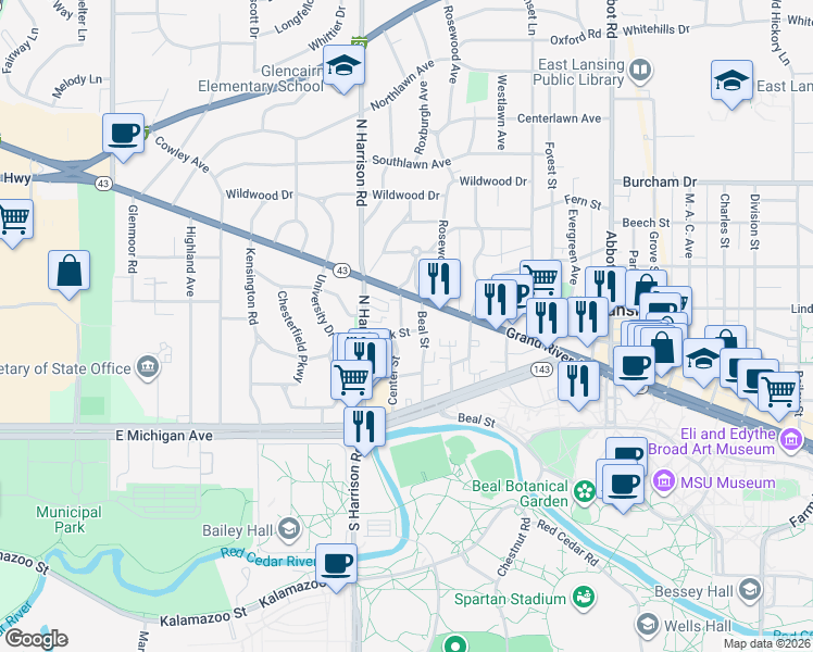 map of restaurants, bars, coffee shops, grocery stores, and more near 308 Center Street in East Lansing