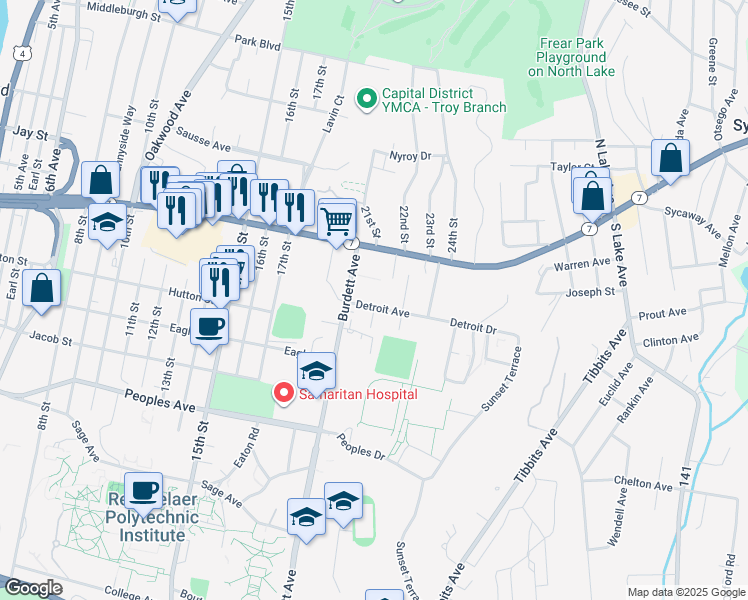 map of restaurants, bars, coffee shops, grocery stores, and more near 10 Detroit Avenue in Troy