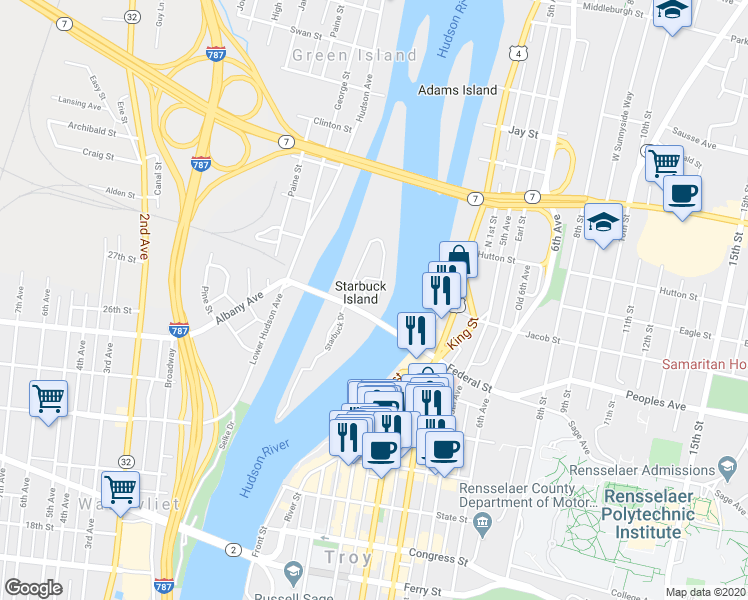 map of restaurants, bars, coffee shops, grocery stores, and more near 2104 Riverview Road in Troy