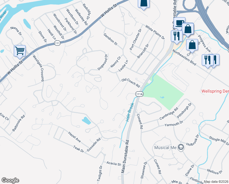 map of restaurants, bars, coffee shops, grocery stores, and more near 11 Blueberry Lane in Nashua