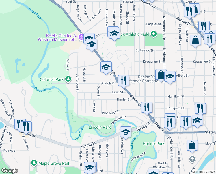 map of restaurants, bars, coffee shops, grocery stores, and more near 1310 Orange Street in Racine