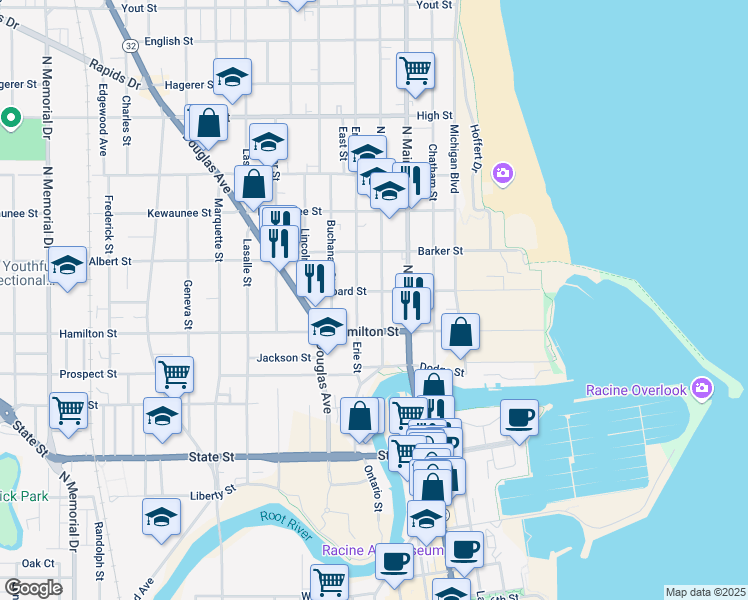 map of restaurants, bars, coffee shops, grocery stores, and more near 1232 N Wisconsin St in Racine
