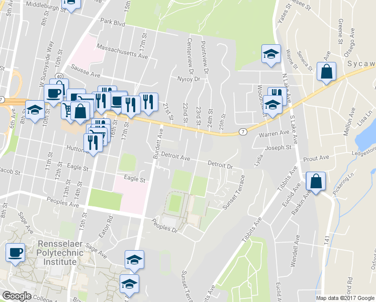 map of restaurants, bars, coffee shops, grocery stores, and more near 6 Michigan Avenue in Troy