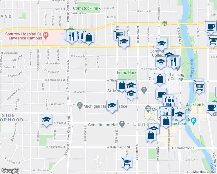 map of restaurants, bars, coffee shops, grocery stores, and more near 314 North Sycamore Street in Lansing