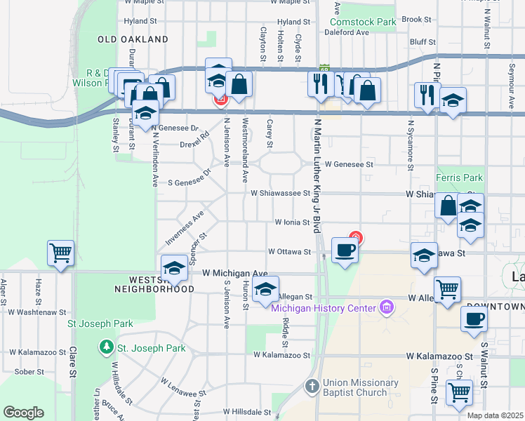 map of restaurants, bars, coffee shops, grocery stores, and more near 311 Carey Street in Lansing