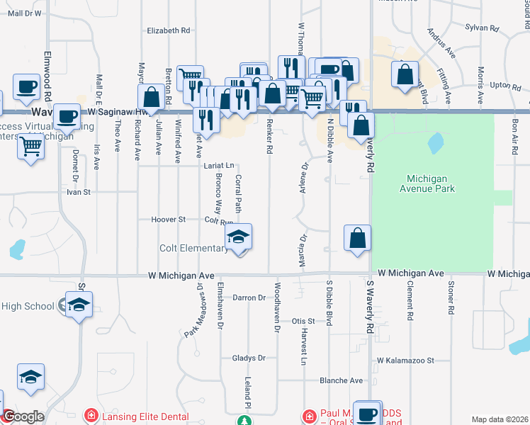 map of restaurants, bars, coffee shops, grocery stores, and more near 309 Renker Road in Lansing