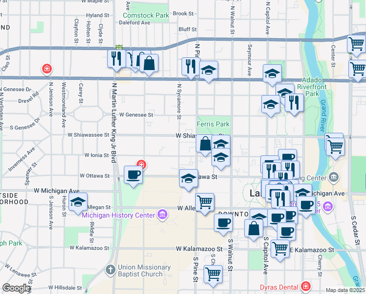 map of restaurants, bars, coffee shops, grocery stores, and more near 314 North Sycamore Street in Lansing
