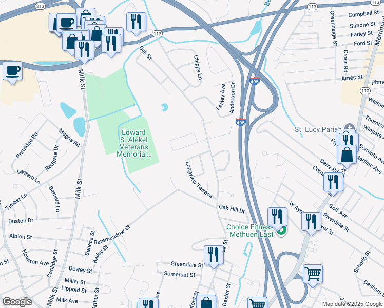 map of restaurants, bars, coffee shops, grocery stores, and more near 48 Longview Terrace in Methuen