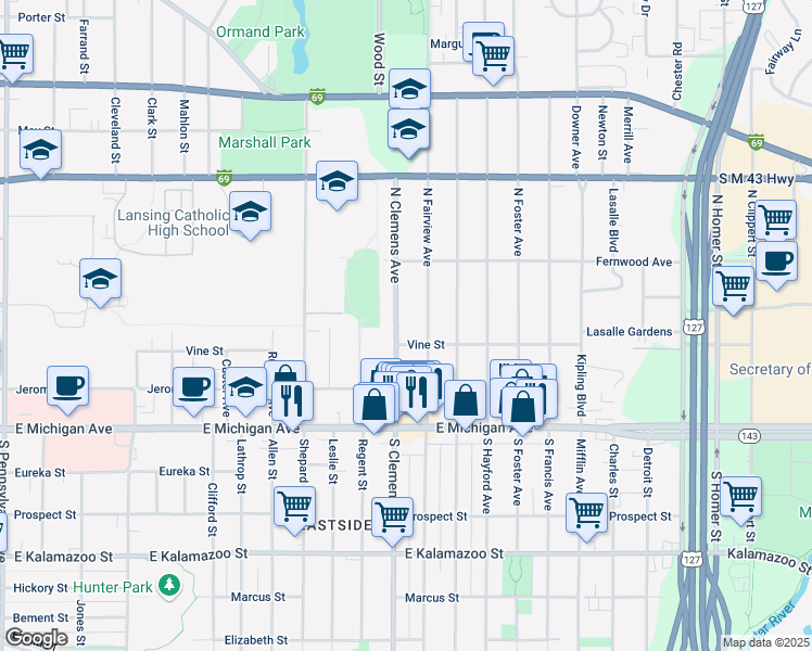 map of restaurants, bars, coffee shops, grocery stores, and more near 312 North Clemens Avenue in Lansing