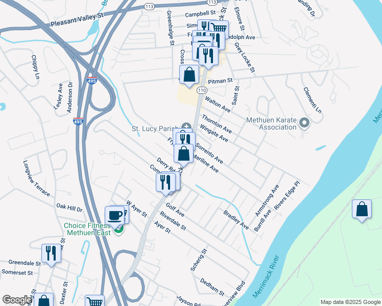 map of restaurants, bars, coffee shops, grocery stores, and more near 235 Massachusetts 110 in Methuen