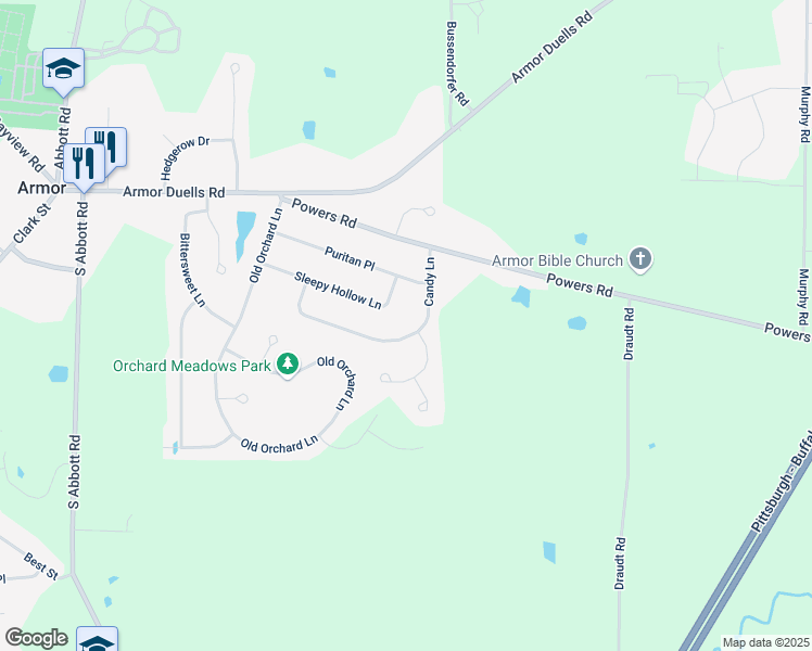 map of restaurants, bars, coffee shops, grocery stores, and more near 32 Candy Lane in Orchard Park