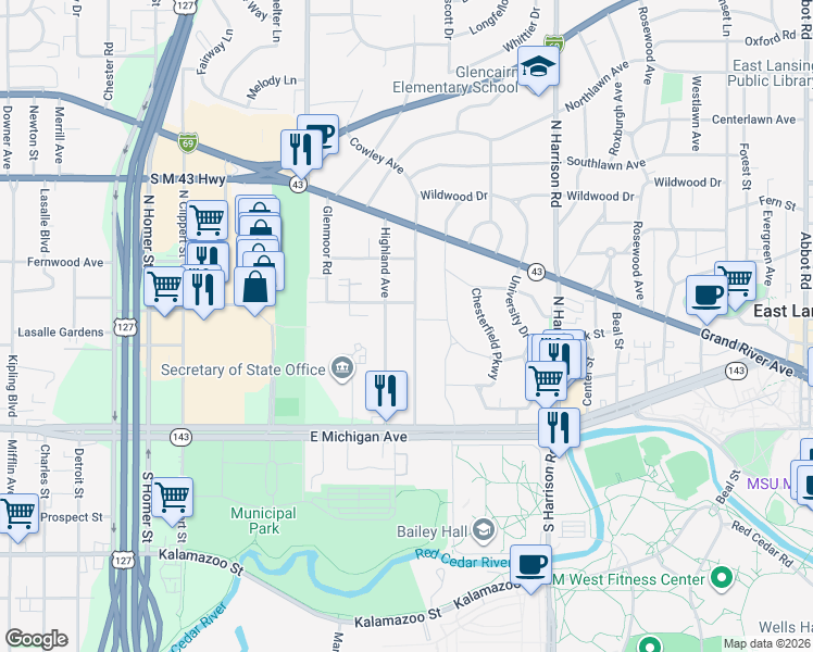 map of restaurants, bars, coffee shops, grocery stores, and more near 321 Cowley Avenue in East Lansing