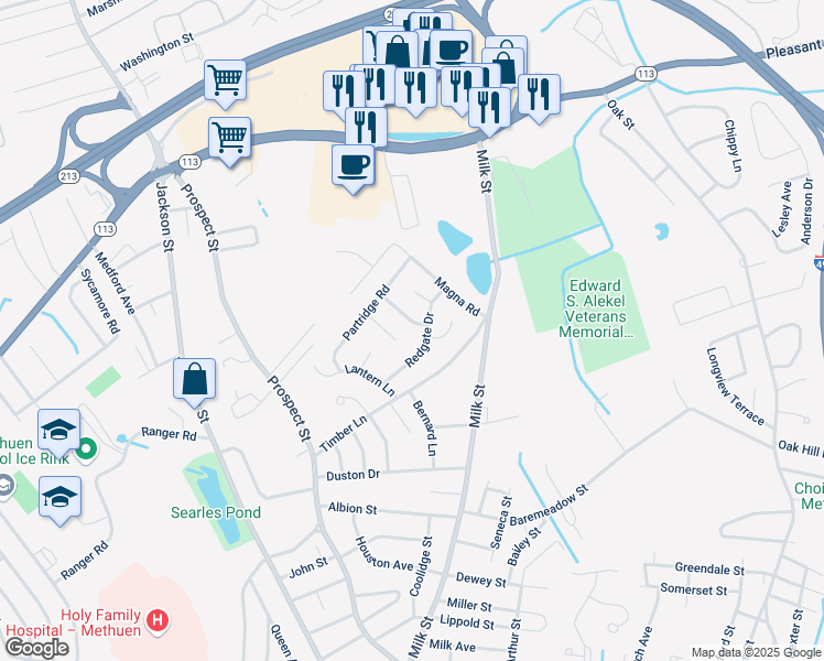 map of restaurants, bars, coffee shops, grocery stores, and more near 19 Old Farm Road in Methuen