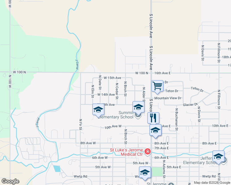 map of restaurants, bars, coffee shops, grocery stores, and more near 1501 North Cedar Street in Jerome