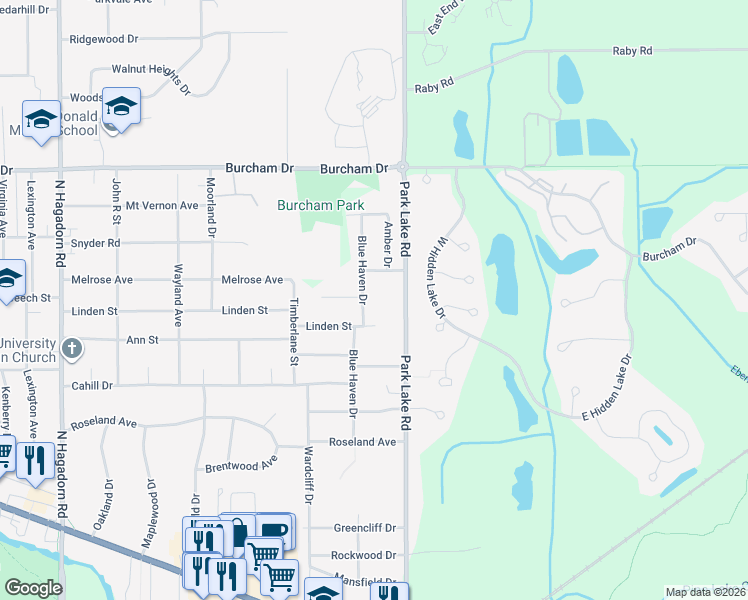 map of restaurants, bars, coffee shops, grocery stores, and more near 5350 Blue Haven Drive in East Lansing