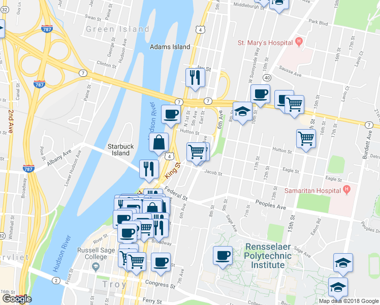 map of restaurants, bars, coffee shops, grocery stores, and more near 2232 5th Avenue in Troy