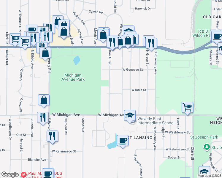 map of restaurants, bars, coffee shops, grocery stores, and more near 318 Bon Air Road in Lansing