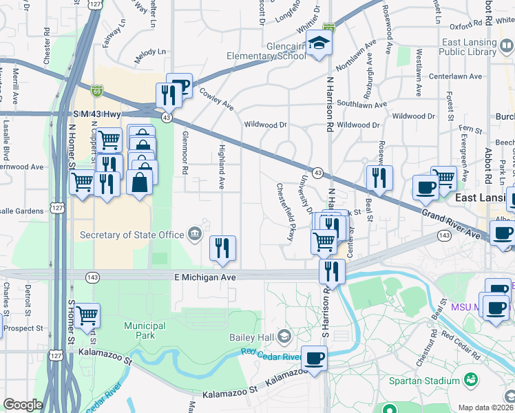 map of restaurants, bars, coffee shops, grocery stores, and more near 321 Kensington Road in East Lansing