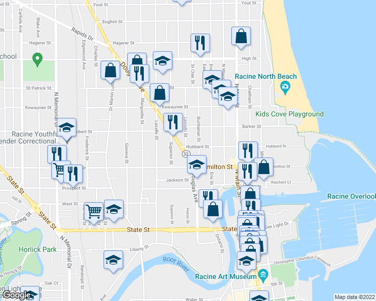 map of restaurants, bars, coffee shops, grocery stores, and more near 1245 Douglas Avenue in Racine