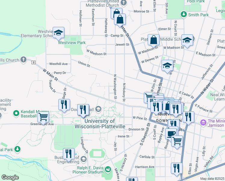 map of restaurants, bars, coffee shops, grocery stores, and more near 230 North Washington Street in Platteville