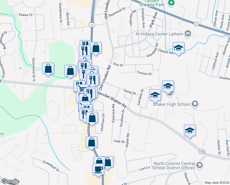 map of restaurants, bars, coffee shops, grocery stores, and more near 5 George Street in Latham