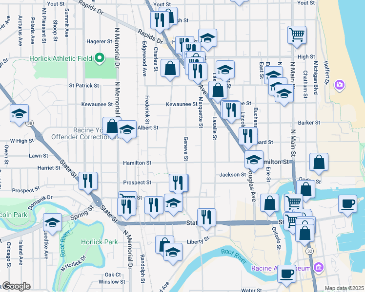 map of restaurants, bars, coffee shops, grocery stores, and more near 1236 Geneva Street in Racine