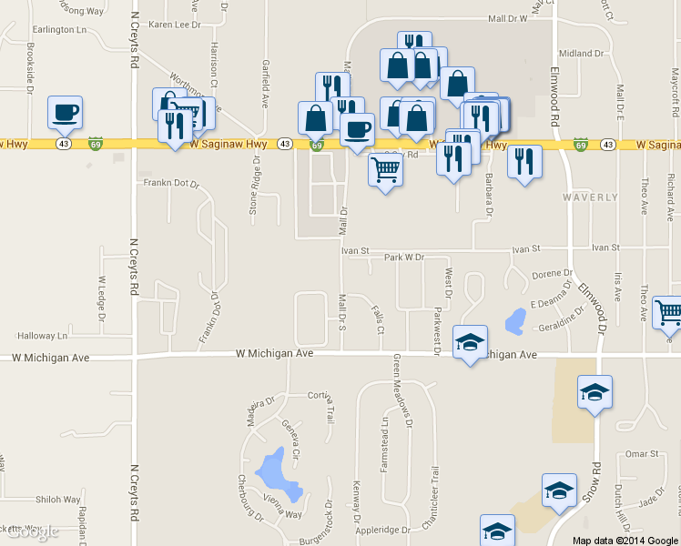 map of restaurants, bars, coffee shops, grocery stores, and more near 699 Mall Drive South in Lansing