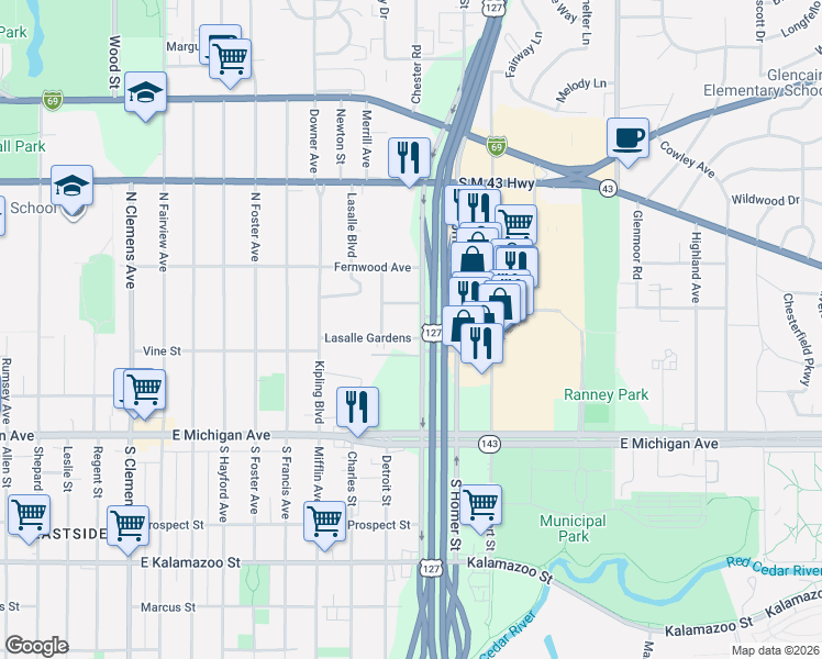 map of restaurants, bars, coffee shops, grocery stores, and more near 2825 Lasalle Gardens in Lansing