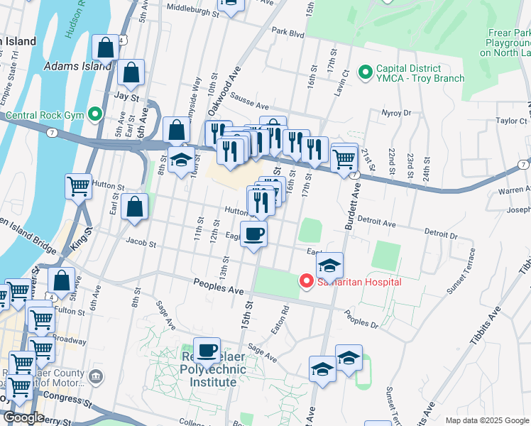 map of restaurants, bars, coffee shops, grocery stores, and more near 2300 15th Street in Troy