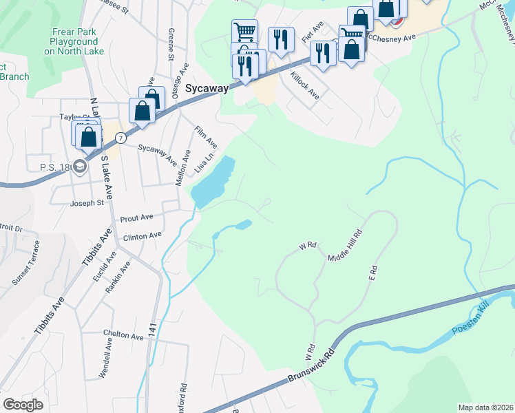 map of restaurants, bars, coffee shops, grocery stores, and more near 16 Ledgestone Road in Troy