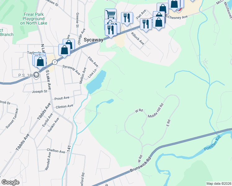 map of restaurants, bars, coffee shops, grocery stores, and more near 16 Ledgestone Road in Troy