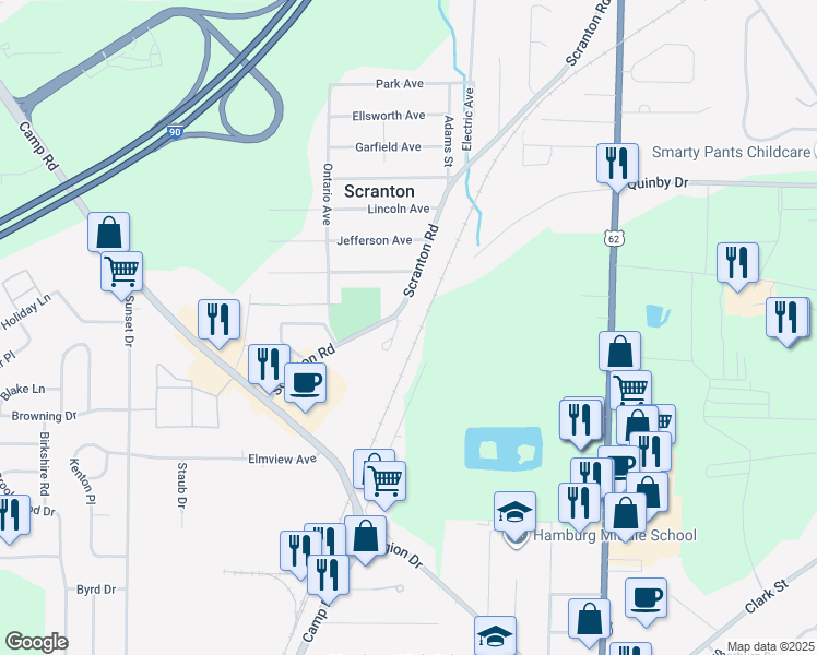 map of restaurants, bars, coffee shops, grocery stores, and more near 5489 Scranton Road in Hamburg