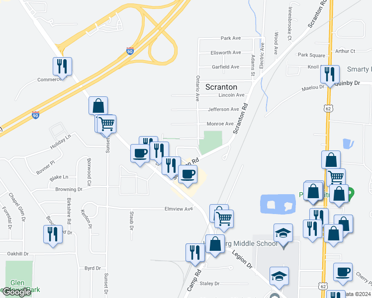 map of restaurants, bars, coffee shops, grocery stores, and more near 5546 Scranton Road in Hamburg