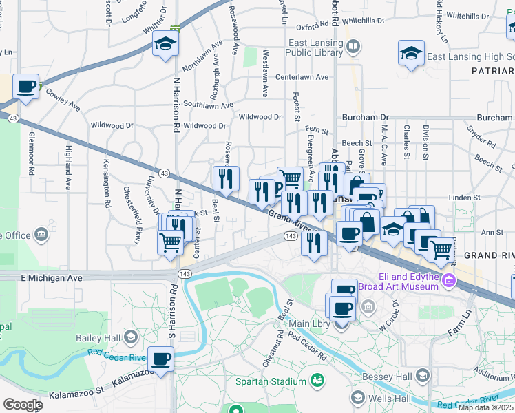 map of restaurants, bars, coffee shops, grocery stores, and more near 319 West Grand River Road in East Lansing