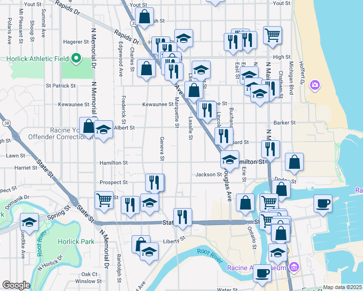 map of restaurants, bars, coffee shops, grocery stores, and more near 1232 Lasalle Street in Racine