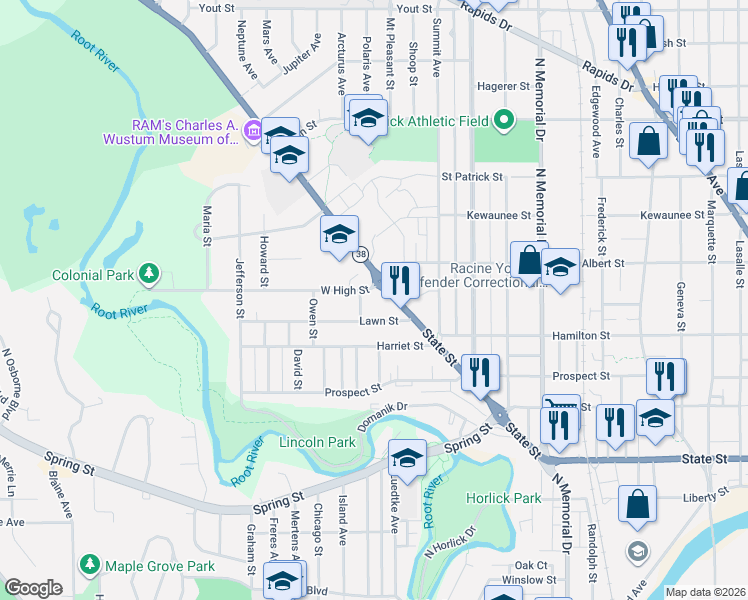 map of restaurants, bars, coffee shops, grocery stores, and more near 1975 State Street in Racine