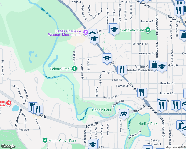 map of restaurants, bars, coffee shops, grocery stores, and more near 2511 West High Street in Racine